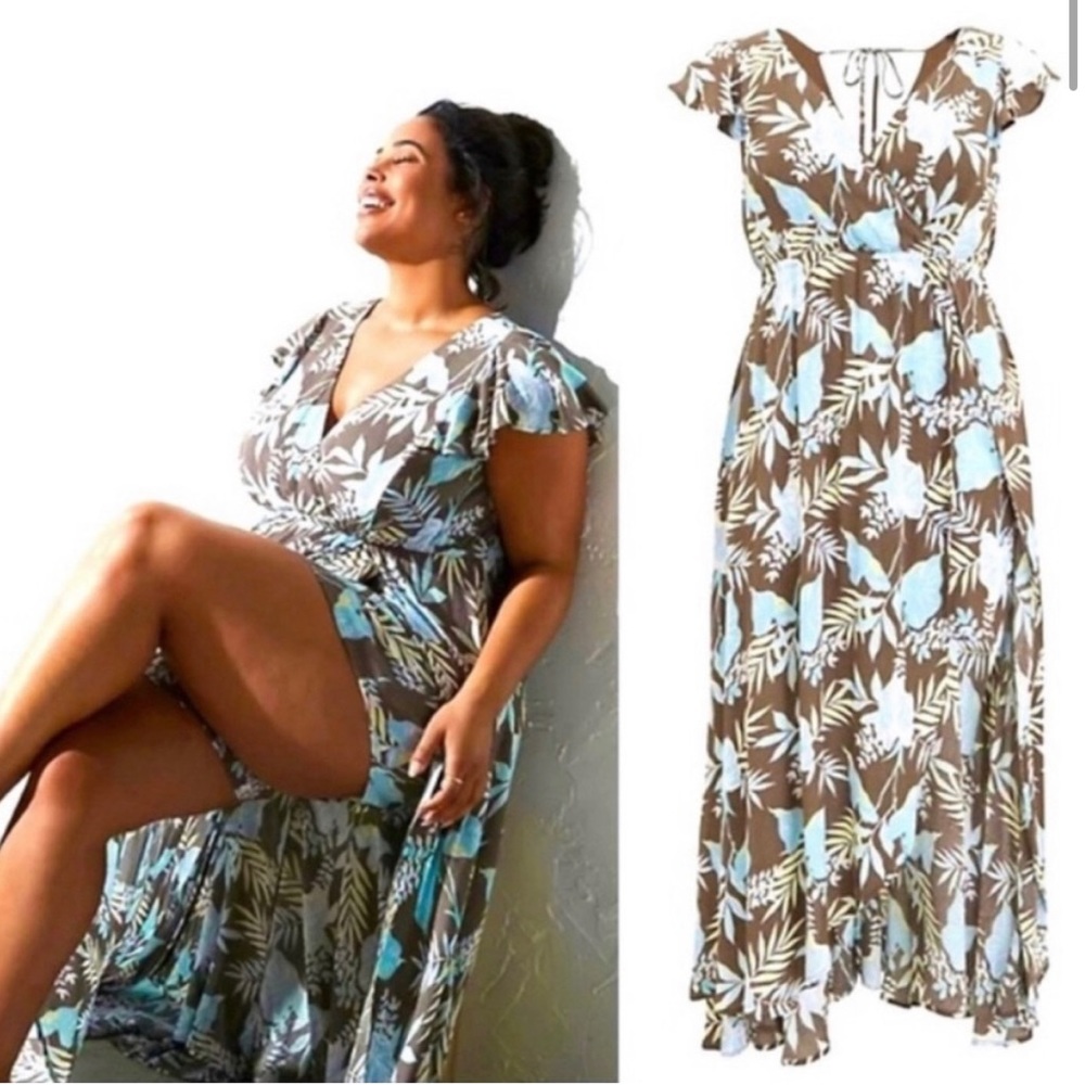NWT Torrid blue/brown floral gauze walk through romper with a maxi skirt overlay